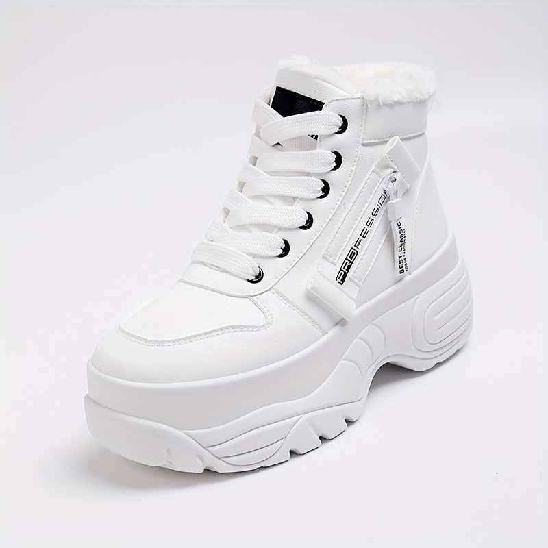 Women's Cozy Fleece-Lined High-Top Sneakers - Warm, Thick Sole, Lace-Up Winter Boots in Solid Color
