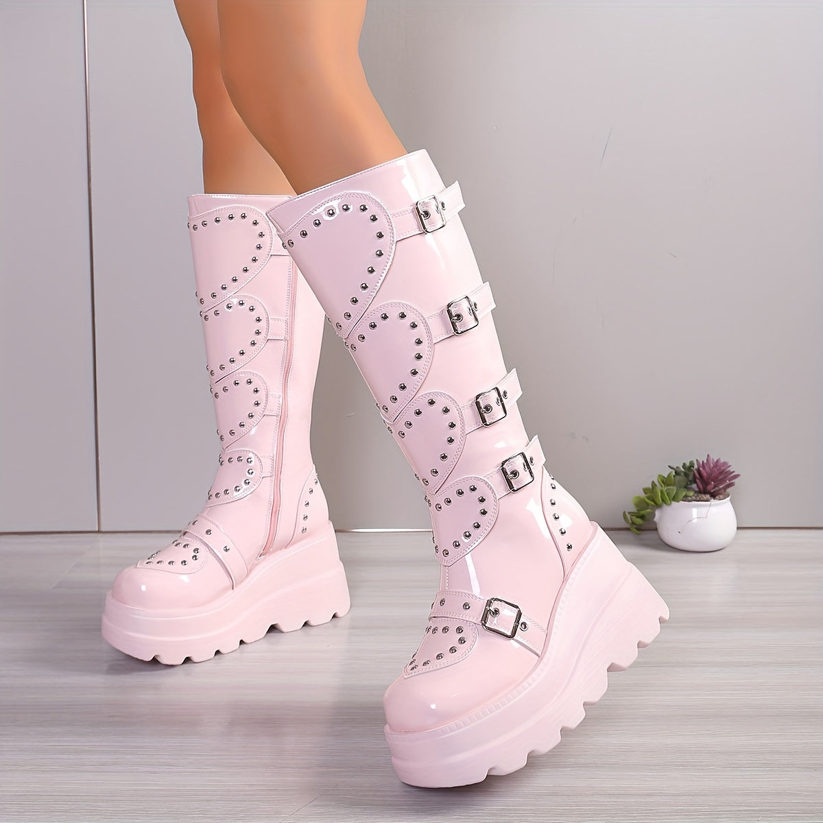 Women's Fashionable Winter Boots - Plush Lined, Thick Sole Wedge Heel, Knee-High with Side Zipper & Metal Buckle Detail, Lightweight Round Toe in Black or Pink