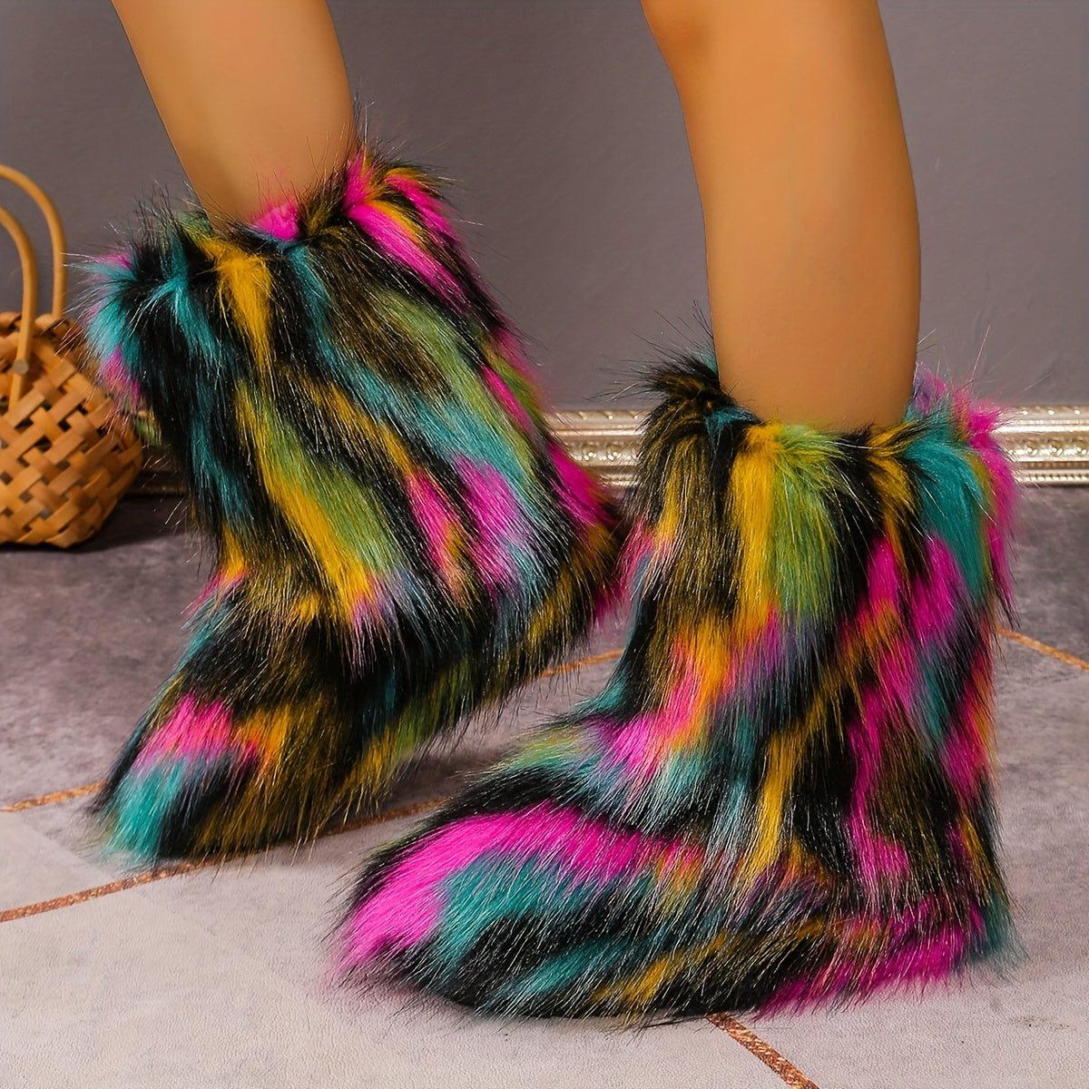 Chic Faux Fox Fur Winter Snow Boots for Women - Cozy Slip-On, Flat Heel, Round Toe with Soft Velvet Lining, Winter Boots