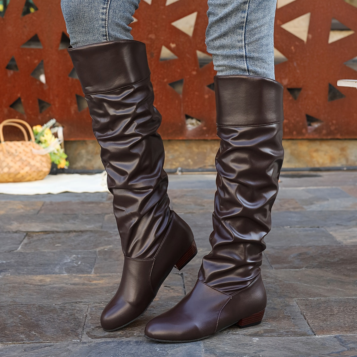Stylish Women's Slouchy Boots - Pull-On, Chunky Heel, Round Toe, High Knee, Solid Color, Winter Boots - Comfortable, Trendy, and Warm