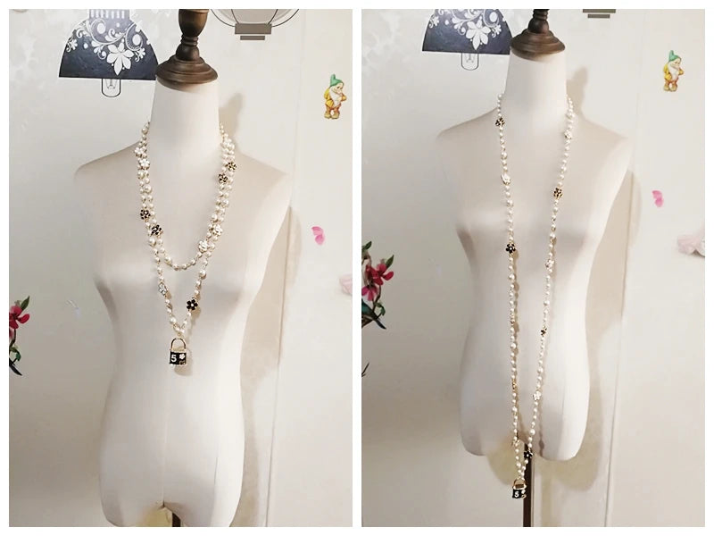 Women Long Pearls Sweater Chain Necklace Accessory For Party Jewelry