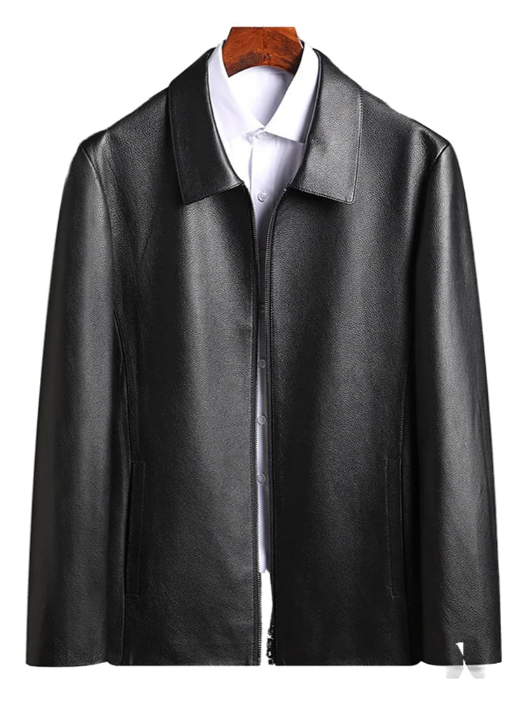 Men's Natural Cowhide Leather Jacket Lapel Middle-aged Dad Coat Spring Autumn Casual Classic Fit Leather Outerwear