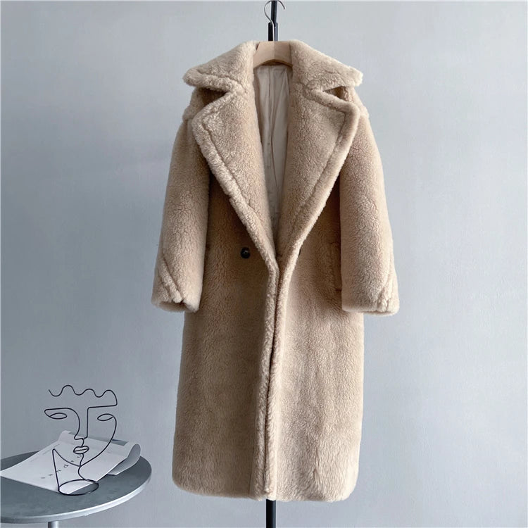 Winter Jacket Women Long Coat Wool Woven Fabric Thick Warm Outerwear Oversize Fashion Streetwear Teddy Bear Coats