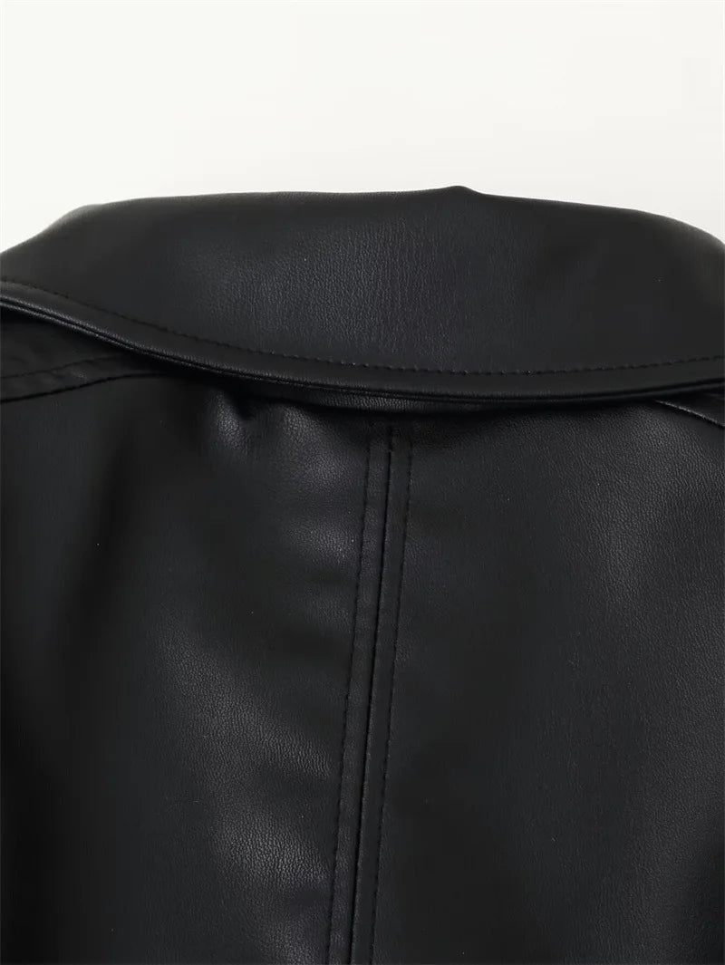 2026 Autumn Winter New Fashion Belt Leather Jacket Coats Women Long Sleeve Windbreaker Black Coat Female Streetwear Leather Coat