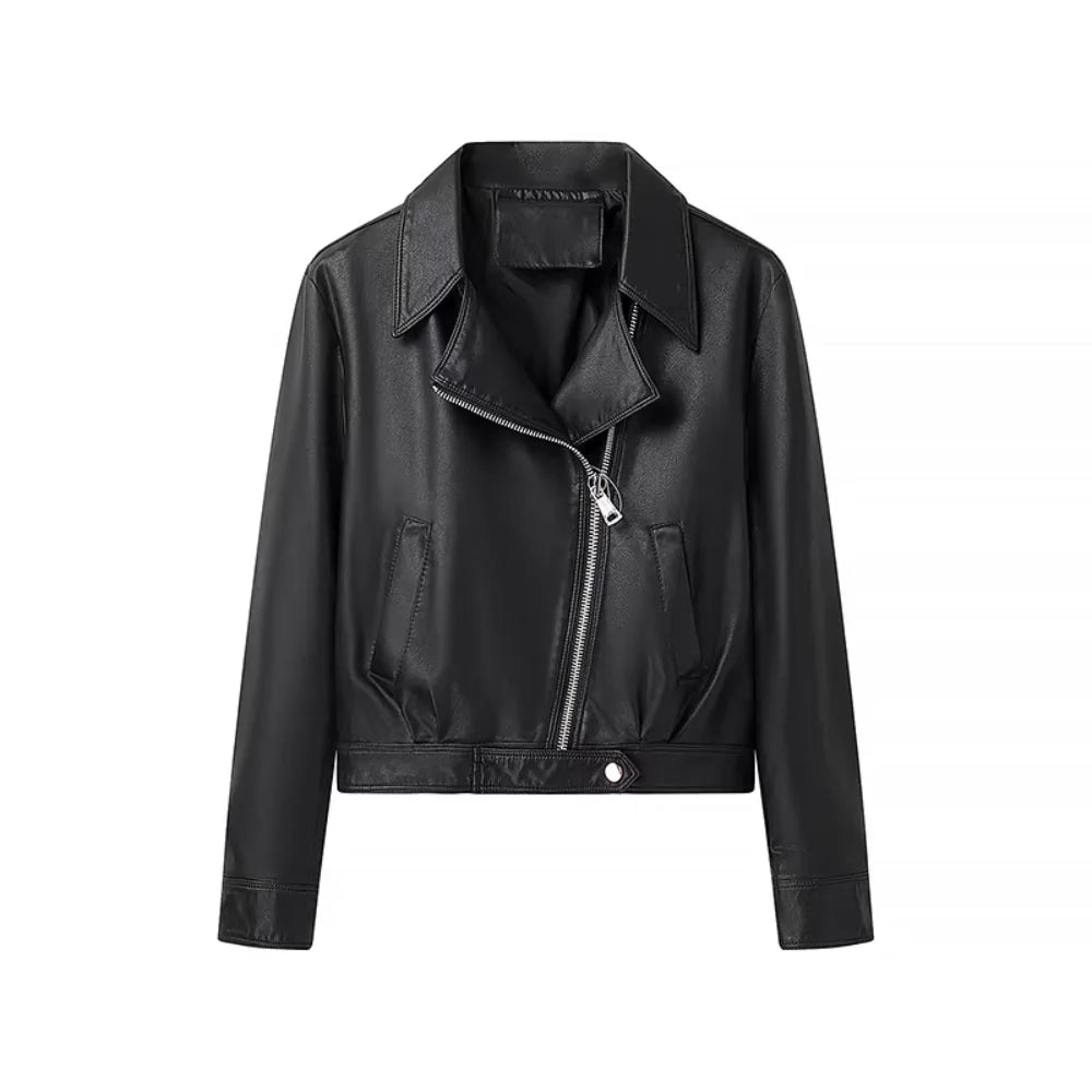 Classic Pleated Leather Jacket Women Korean Chic Outerwear Vintage PU Coats Lapel Collar Zipper Overcoat Streetwear