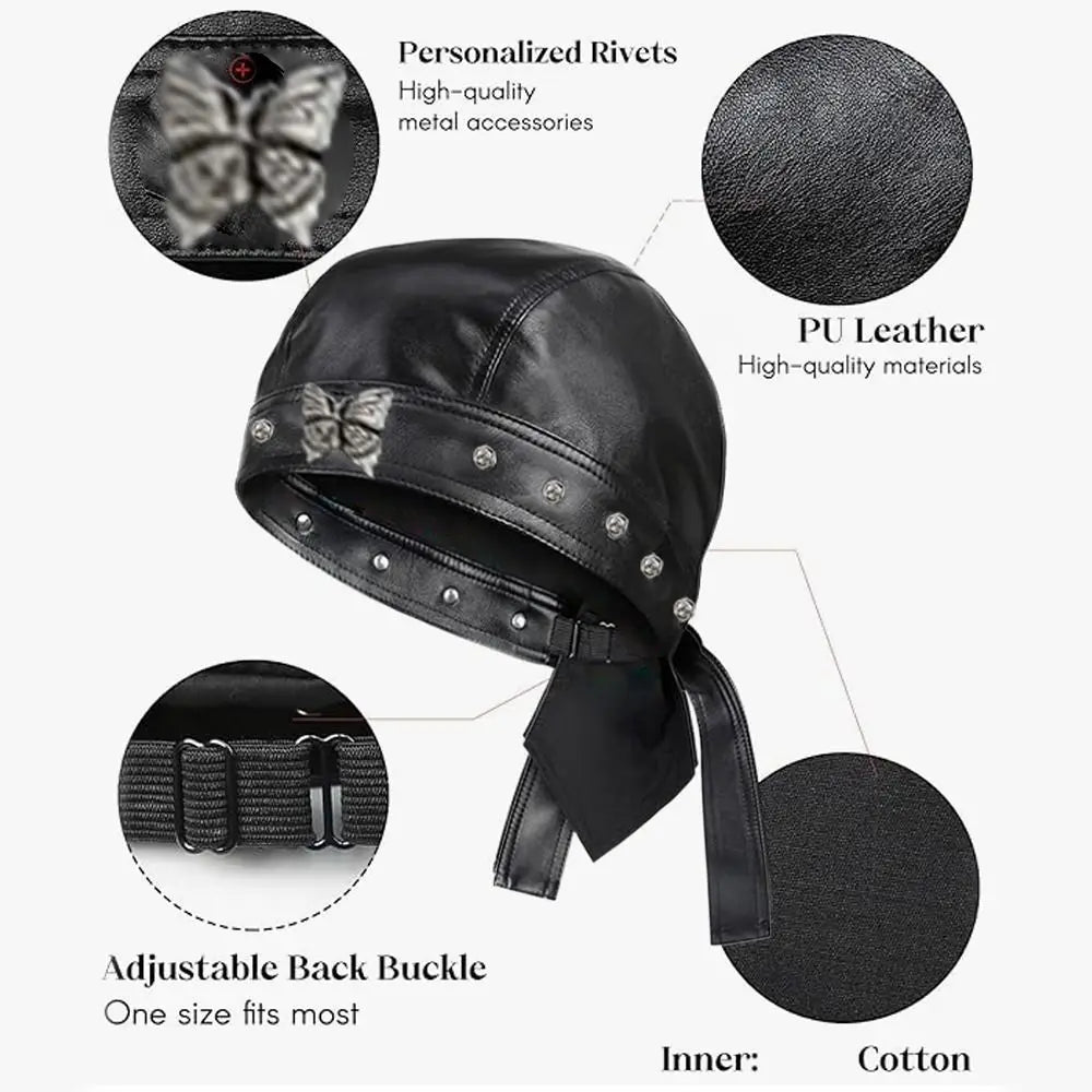 PU Leather Black Biker Cap Doo Rag Bandana Waterproof Butterfly Cap Cool Adjustable Motorcycle Leather Hat for Women and Men