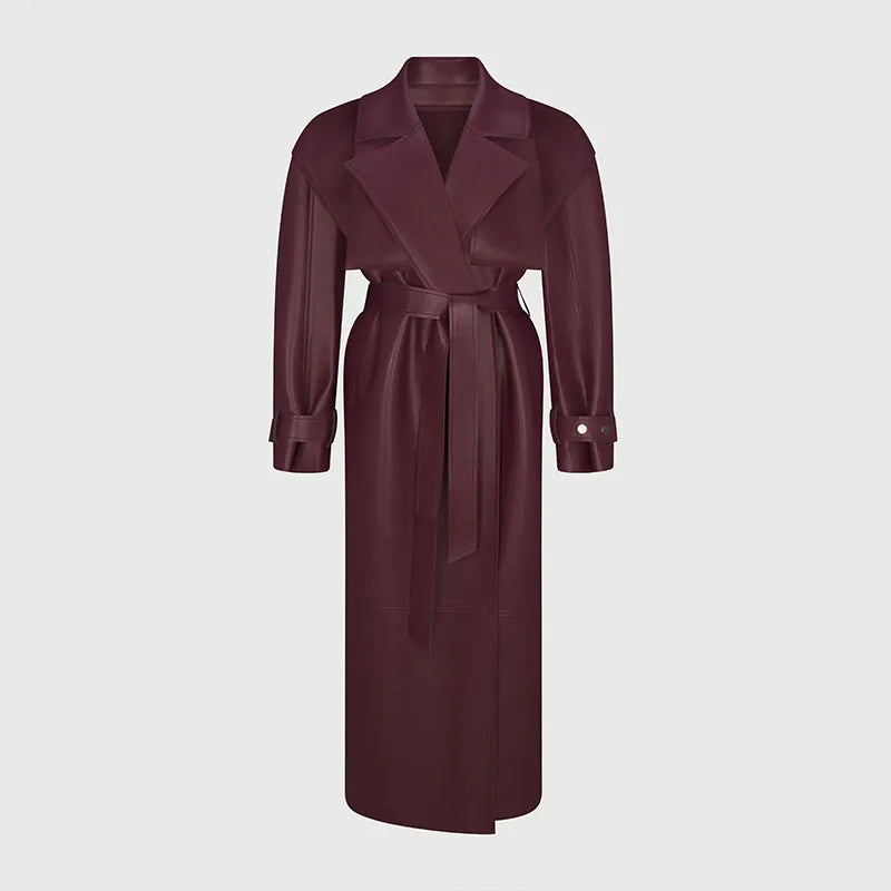 Fashion PU Leather Long Overcoats With Belt Women Luxury Lapel Button Oversize Jackets Female 2025 Autumn High Street Outerwear