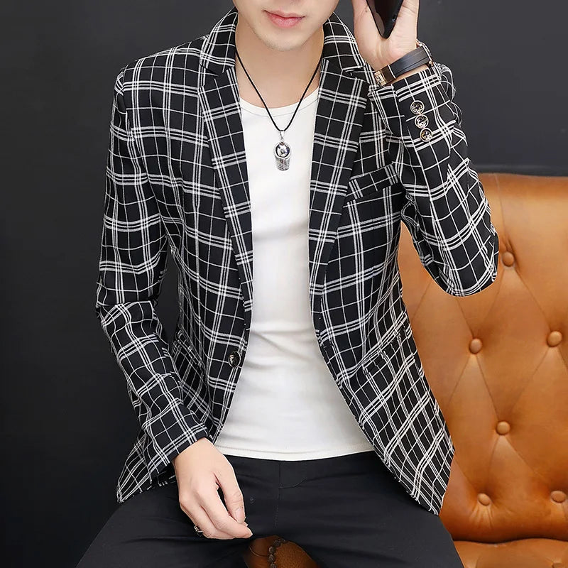 Men's British Style Checkered Suit Casual High-End Spring Autumn Small Plankton Design Handsome Coat