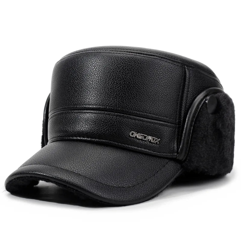 Mens Leather Flat Top Baseball Cap Warm Ear Hat for Elderly in Autumn Winter Thickened Fleece-lined Cold Cap