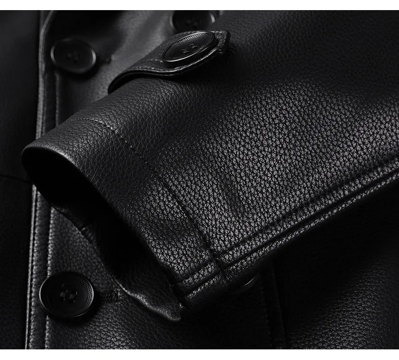 High Quality Knee-Length Men's Leather Overcoat for Autumn & Winter Double Breasted Business Windbreaker Leather Coats PU-026