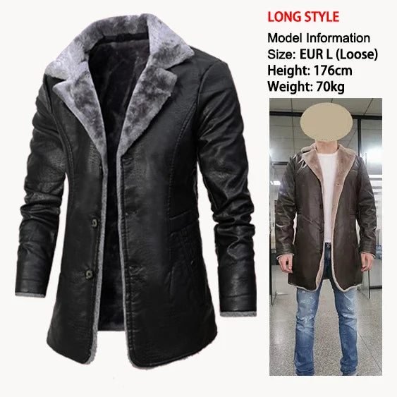 Winter Men's Leather Jacket Oversized Fur Long Coats High Quality PU Leather Thicken Fleece Casual Jacket Men Clothing A2F80818