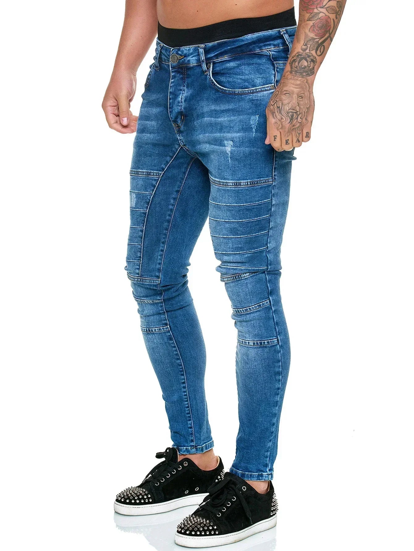 Jeans Men Pencil Pants Long Pant Sheath Denim Casual Mid Waist Pocket Zipper Solid Splice Regular Straight Trousers Autumn