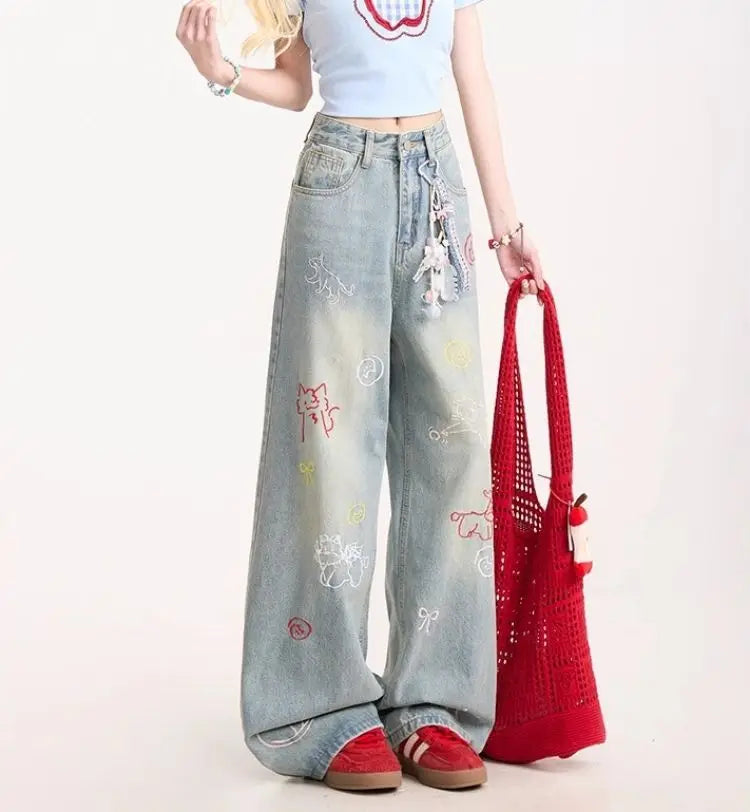 Jeans for Woman Y2k Pants Retro Washed Denim Straight Leg Wide Leg Trousers Cartoon Embroidery Design Comfortable Daily Wear
