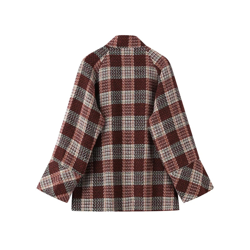 Autumn Winter Chic Coat Warm Checkered Turtleneck Shoulder Straight Coat Women Double Breasted Full Sleeve Middle Long Coat Lady