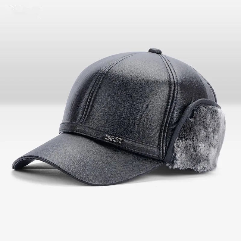 Men's Casual Cuffed Soft Leather Baseball Cap for Middle-Aged and Elderly, Warm for Winter