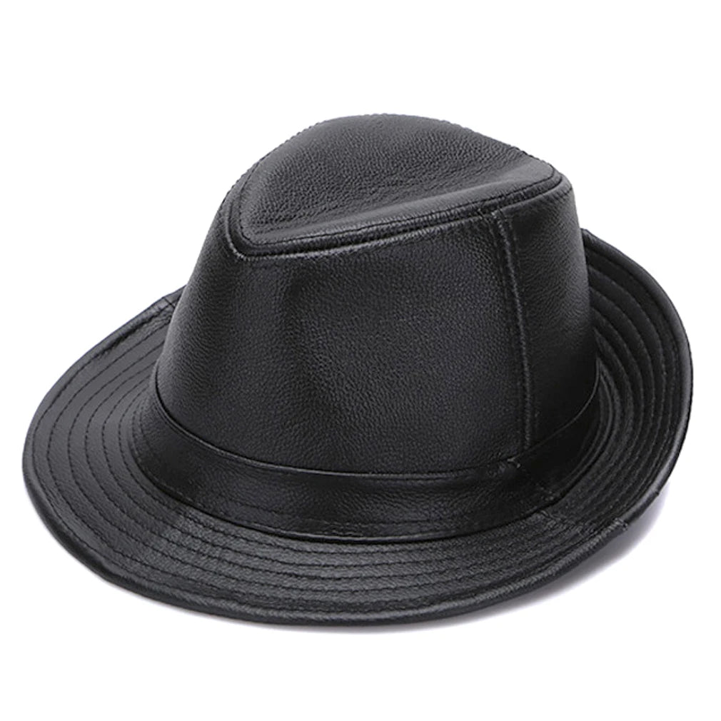 Men's Gentlemen's Fedora Hat Genuine 100% Cowhide Leather Trilby Cap Real Cowhide Leather Jazz Casual Autumn Winter Top Cap
