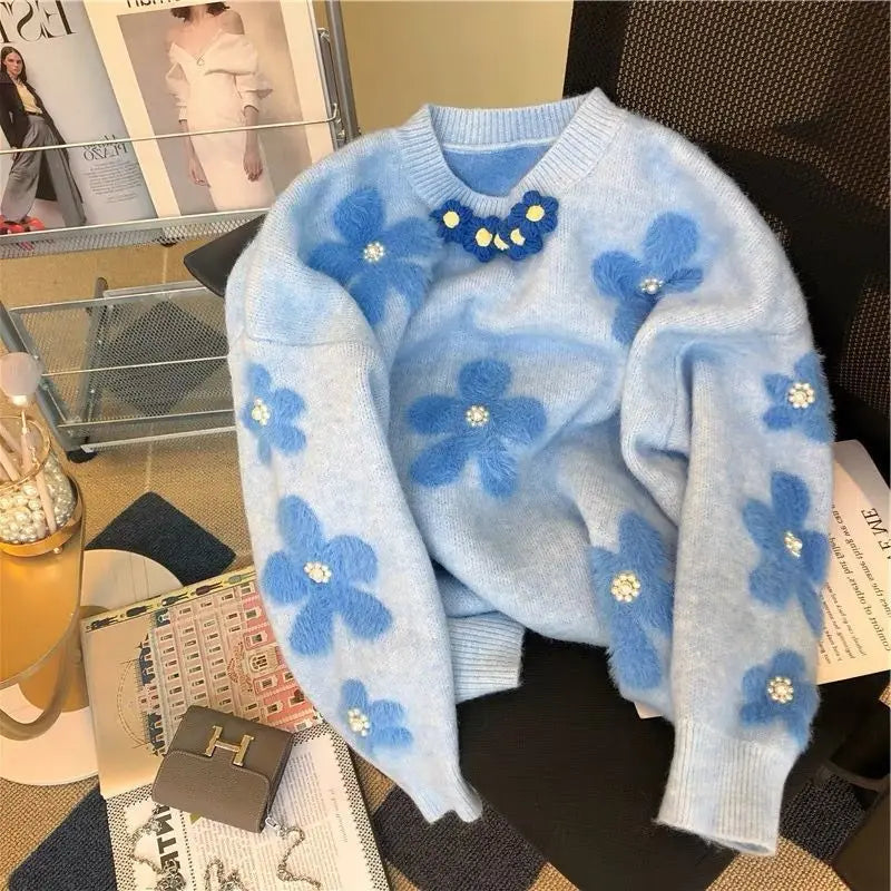 Soft Glutinous Sweater for Women in Autumn and Winter 2025 New Beaded Flowers Niche Fashion and Sweet