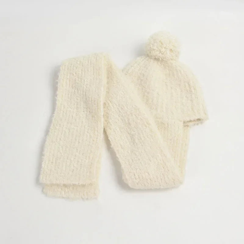 Winter Sweet Girl's Must-have - Wool Blend Beanie with Scarf and Shiny Furball