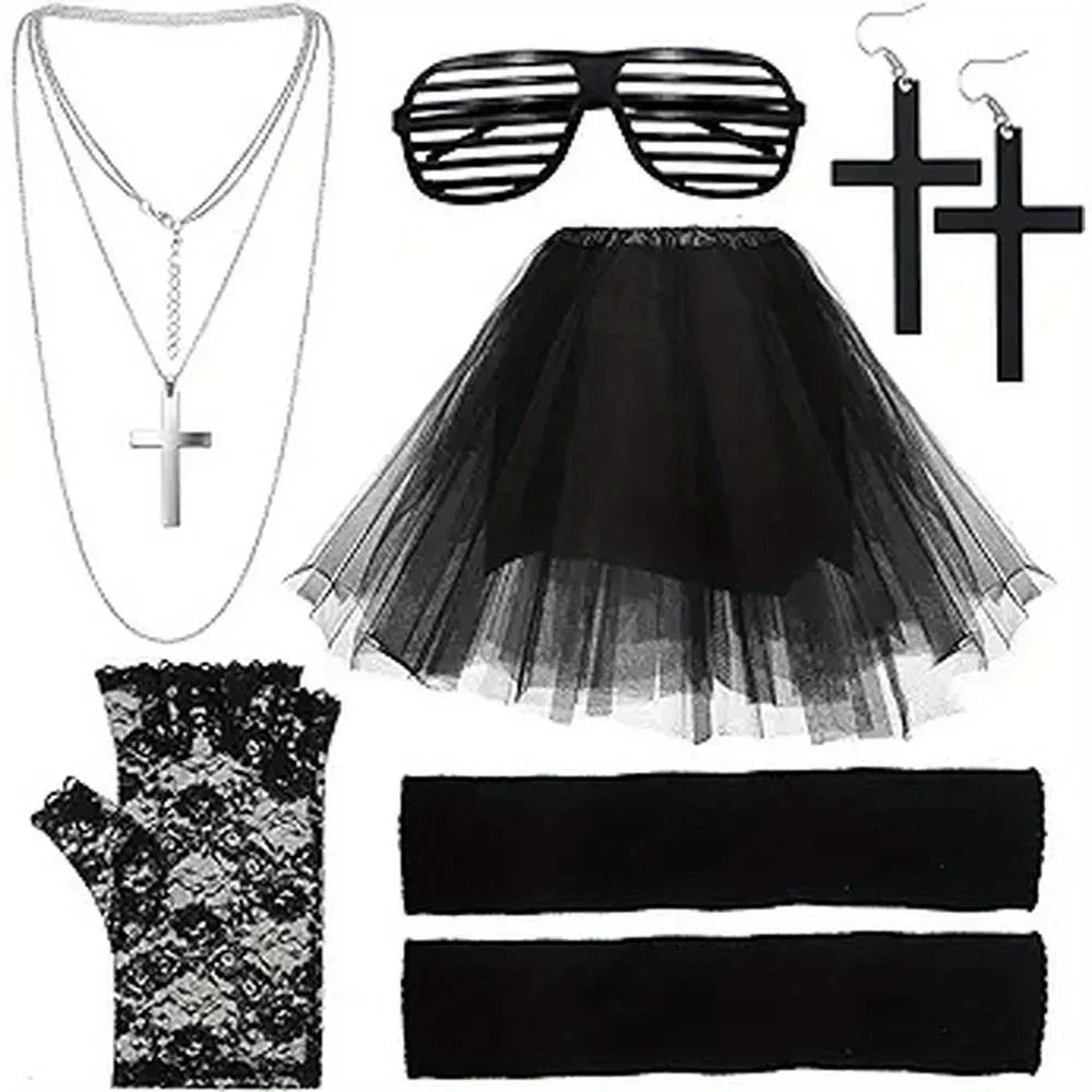 80s women's clothing accessories set includes a pompadour skirt striped glasses lace gloves leg sets earrings and necklaces