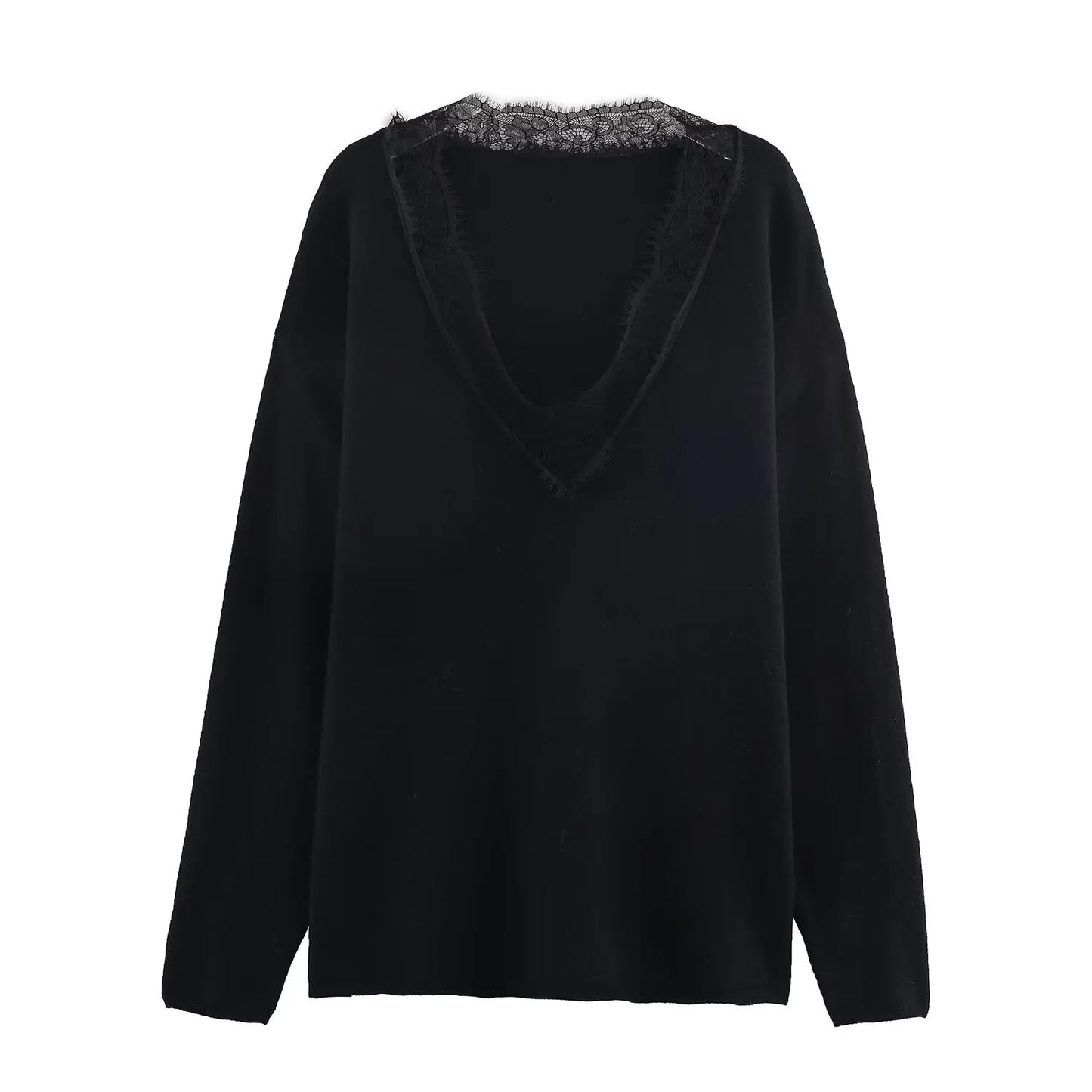 2025 Winter New Women's Sweet and Alluring Fashion V-neck Lace-trimmed Loose Long-sleeved Knit Sweater