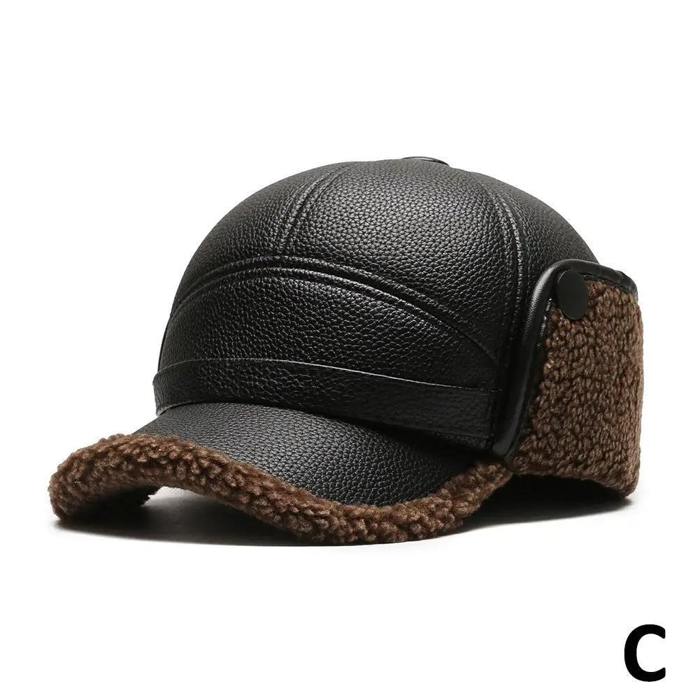 PU Leather Baseball Cap Men Winter Warm Hat Dad Grandpa Thermal Hat Thick Warm Leather Hat Old Man Ear Protection Cap