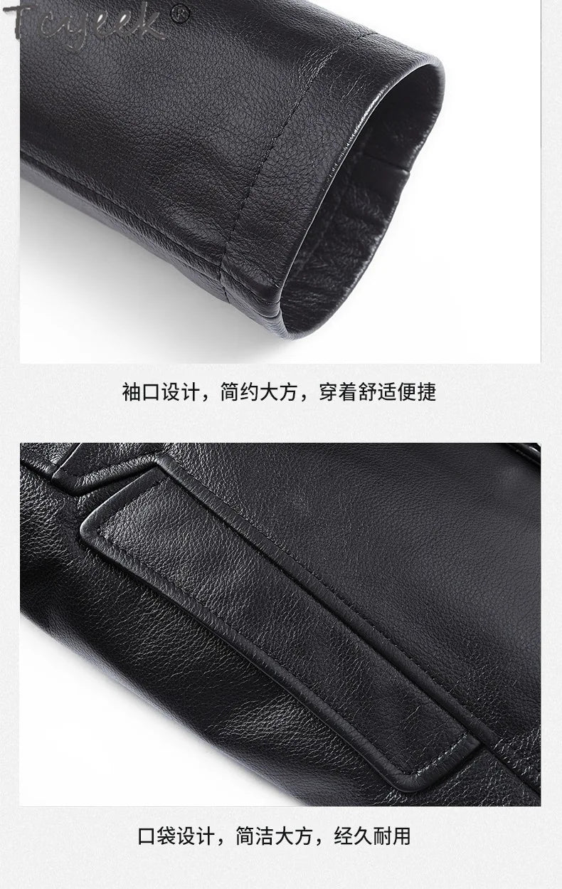 Tcyeek Real Cowhide Genuine Leather Man Jackets Mid-length Trench Coat Spring Autumn Suit Jacket Men Clothing Jaqueta De Couro