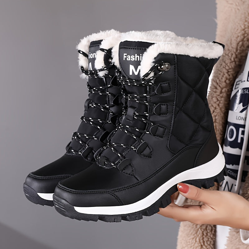 Women's High-Top Snow Boots, Solid Color, Round Toe, Warm Plush Lining, Anti-Slip Rubber Sole, Durable Fabric Insole, Man-Made Upper - Outdoor Casual Footwear, Winter Boots