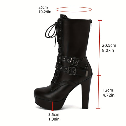 Women's Sexy Platform Ankle Boots with Chunky Heel - Lace-Up Chunky Heel Winter Boots, Faux Cover Upper & Rubber Sole, Round Toe Casual Chic for Casual Attire (Black), High Heel Boots