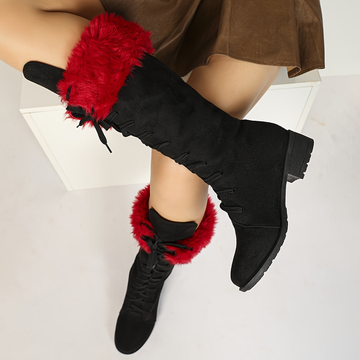 [Boots For Women] Warm Winter Footwear - Women's Winter Boots, Thick Platform Heel, Slip-Resistant Rubber Sole, Lace-Up Ankle Boots for Cold Weather, Motorcycle Riding, Everyday & Formal Events - Red/Black - Seasonal Fashion,