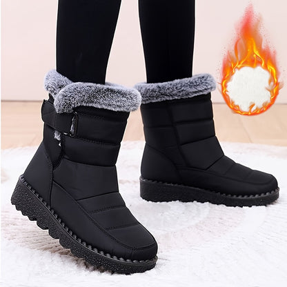 Mid-Calf Height Women's Winter Boots - Waterproof, Insulated, Thick Sole, Faux Fur Lined, Anti-Slip, Comfortable, Warm, Closed-Toe, Magic Tape Closure, Black