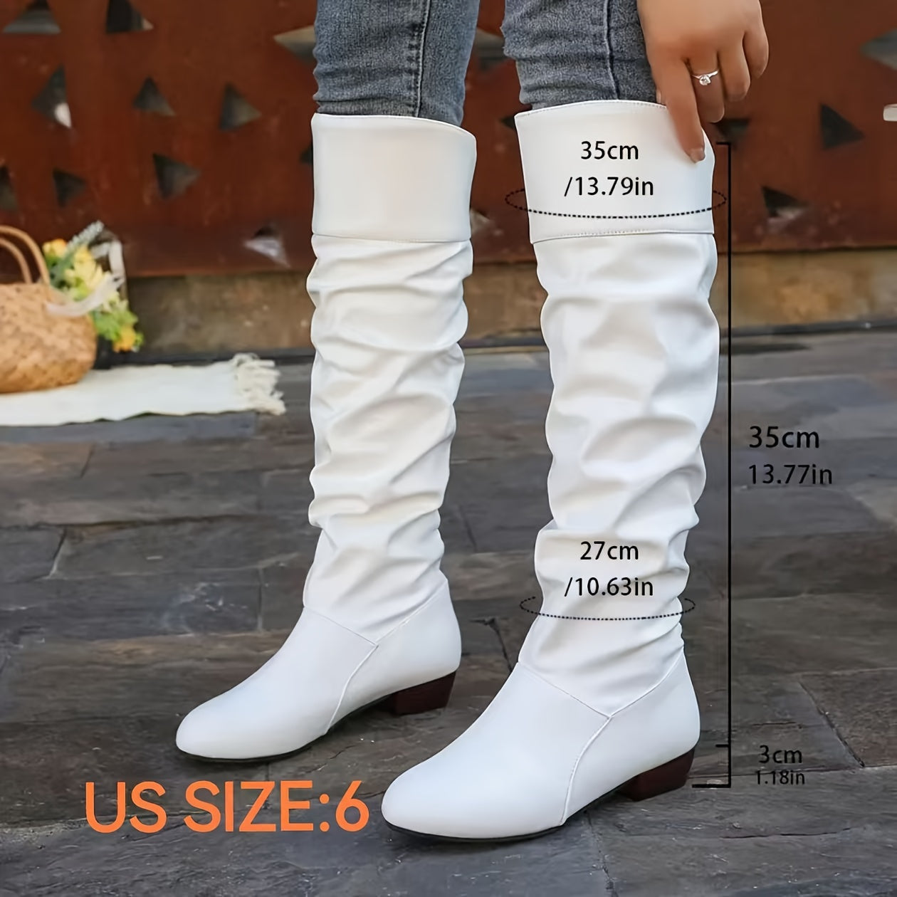 Stylish Women's Slouchy Boots - Pull-On, Chunky Heel, Round Toe, High Knee, Solid Color, Winter Boots - Comfortable, Trendy, and Warm