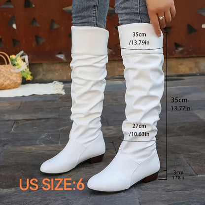 Stylish Women's Slouchy Boots - Pull-On, Chunky Heel, Round Toe, High Knee, Solid Color, Winter Boots - Comfortable, Trendy, and Warm