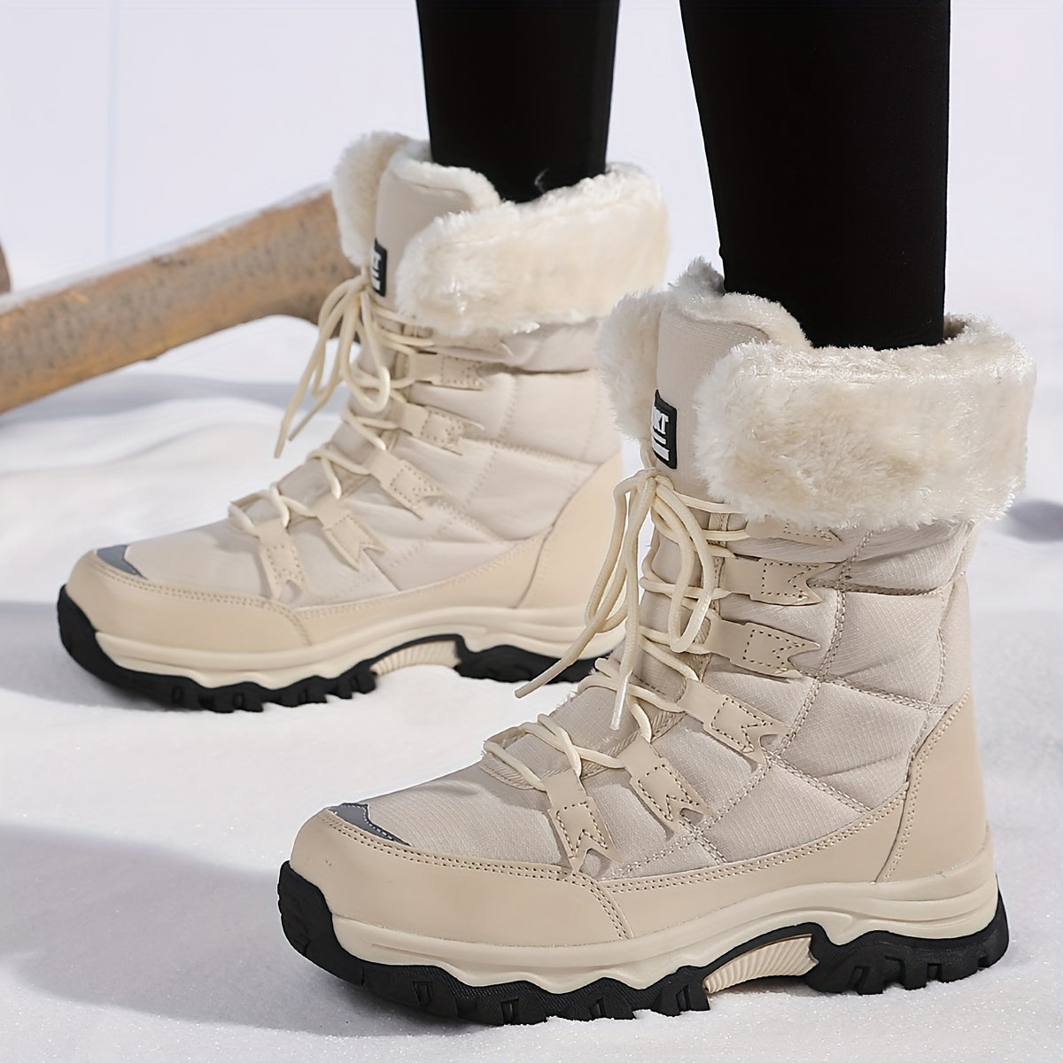 [Fleece-Lined Winter Boots] Cozy Fleece-Lined Women's Winter Boots | Light Beige Mid-Calf Boots with Plush Faux Fur Trim, Thick TPR Sole & Lace-Up Design for Outdoor Sports, Casual Wear