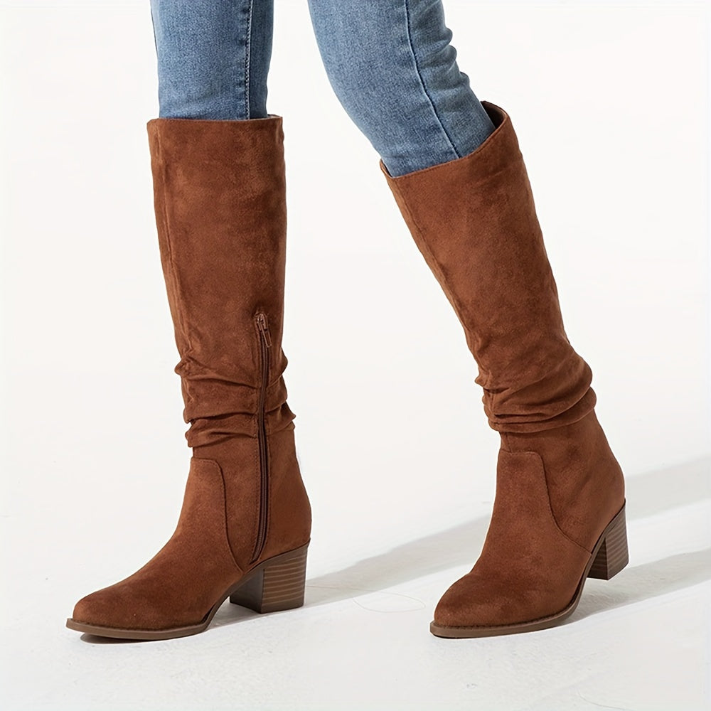 Womens Faux Suede Knee High Side Zipper Chunky Heel Stretch Winter Boots Pointed Toe Side Zipper Boots