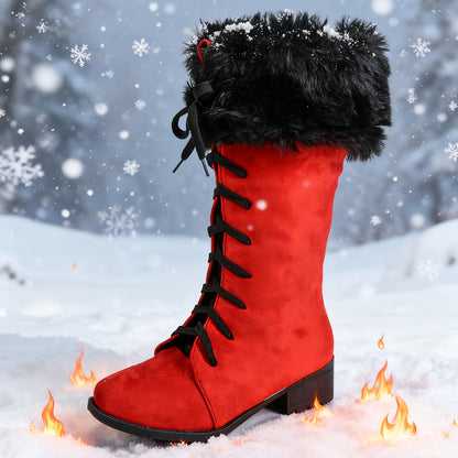 [Boots For Women] Warm Winter Footwear - Women's Winter Boots, Thick Platform Heel, Slip-Resistant Rubber Sole, Lace-Up Ankle Boots for Cold Weather, Motorcycle Riding, Everyday & Formal Events - Red/Black - Seasonal Fashion,