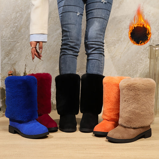 Women'S Plush Winter Boots - Soft Warm Slip-On Mid-Heel Round Toe with Plush & TPR Sole, All-Season Cozy BrownRedOrange - Slip-Resistant, Winter Boots, Seasonal Footwear, Comfortable Footwear