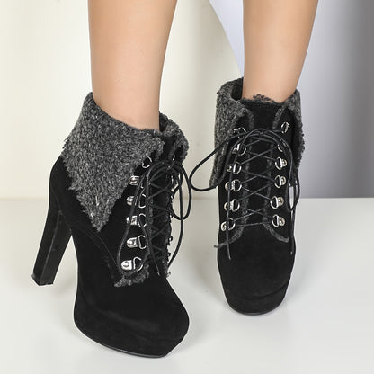 [Lined Ankle Boots] Women'S Sexy faux fur Lined Ankle Boots, Round Toe Block Heel High Heels, All-Season Riding Boots with Lace-Up Closure, Solid Color Fabric Upper, Rubber Sole, Warm Fleece-Lined for Winter Boots