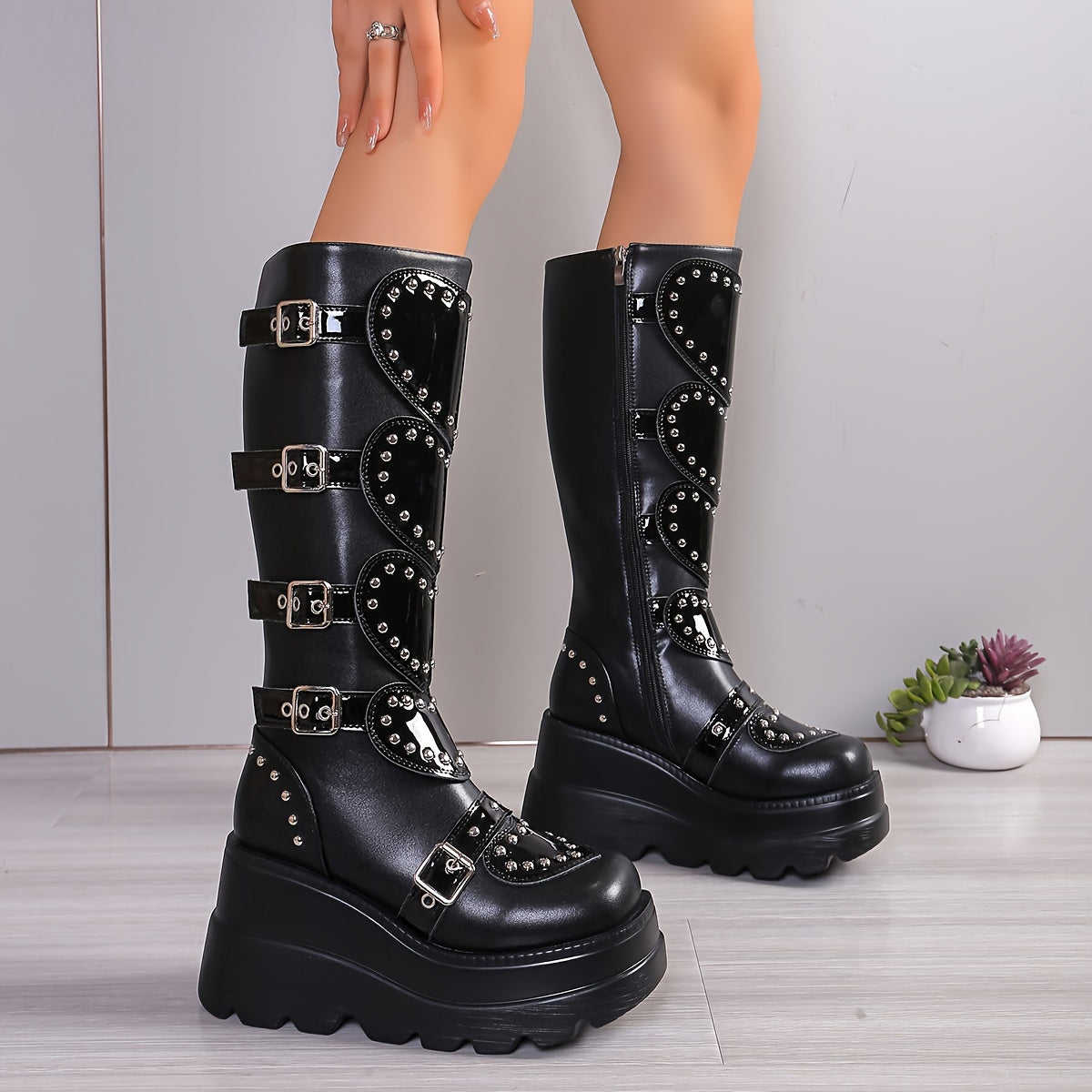 Women's Fashionable Winter Boots - Plush Lined, Thick Sole Wedge Heel, Knee-High with Side Zipper & Metal Buckle Detail, Lightweight Round Toe in Black or Pink