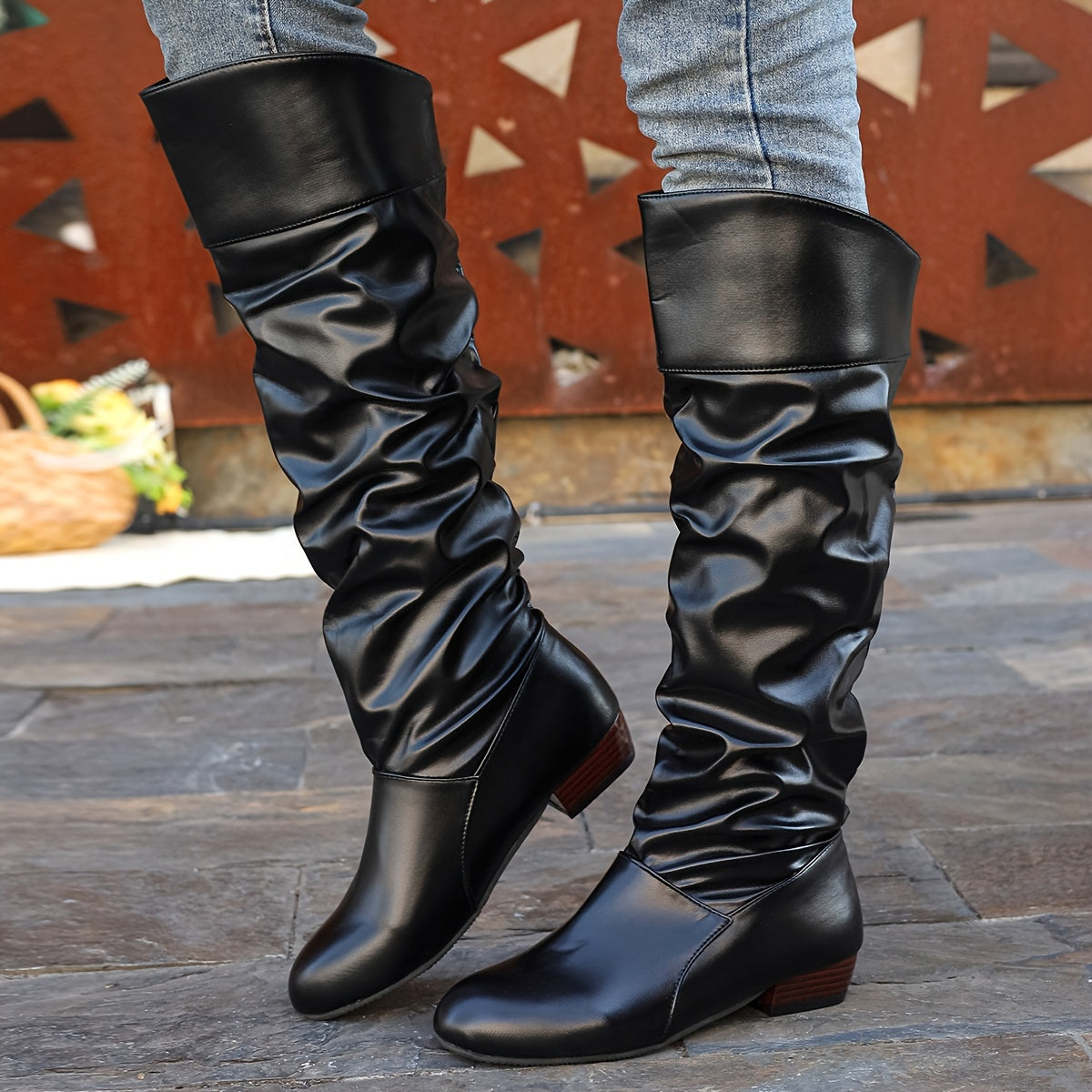 Stylish Women's Slouchy Boots - Pull-On, Chunky Heel, Round Toe, High Knee, Solid Color, Winter Boots - Comfortable, Trendy, and Warm