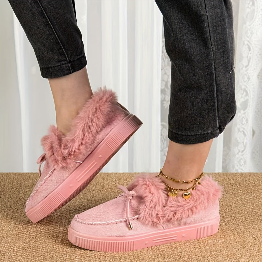 1PC Fleece Lined Snow Boots for Women, Short Flat and Warm Winter Boots with Smooth Color Laces