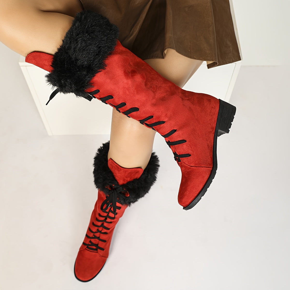 [Boots For Women] Warm Winter Footwear - Women's Winter Boots, Thick Platform Heel, Slip-Resistant Rubber Sole, Lace-Up Ankle Boots for Cold Weather, Motorcycle Riding, Everyday & Formal Events - Red/Black - Seasonal Fashion,