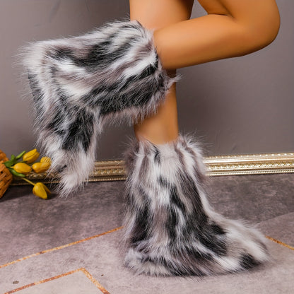 Chic Faux Fox Fur Winter Snow Boots for Women - Cozy Slip-On, Flat Heel, Round Toe with Soft Velvet Lining, Winter Boots