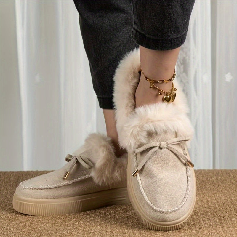1PC Fleece Lined Snow Boots for Women, Short Flat and Warm Winter Boots with Smooth Color Laces