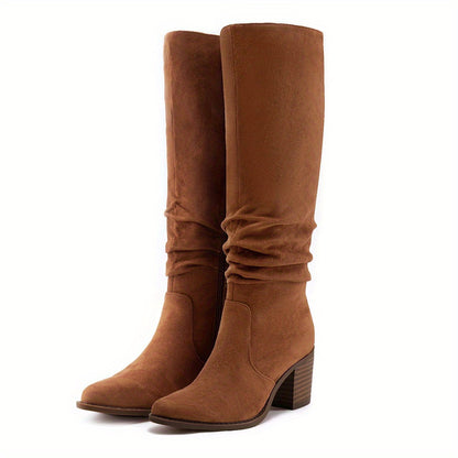 Womens Faux Suede Knee High Side Zipper Chunky Heel Stretch Winter Boots Pointed Toe Side Zipper Boots