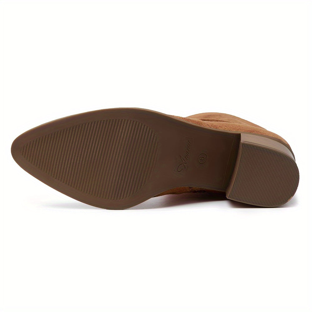 Womens Faux Suede Knee High Side Zipper Chunky Heel Stretch Winter Boots Pointed Toe Side Zipper Boots