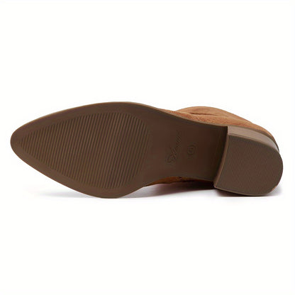 Womens Faux Suede Knee High Side Zipper Chunky Heel Stretch Winter Boots Pointed Toe Side Zipper Boots