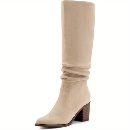 Womens Faux Suede Knee High Side Zipper Chunky Heel Stretch Winter Boots Pointed Toe Side Zipper Boots