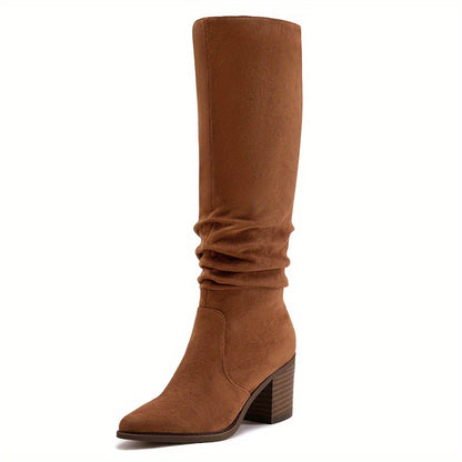 Womens Faux Suede Knee High Side Zipper Chunky Heel Stretch Winter Boots Pointed Toe Side Zipper Boots
