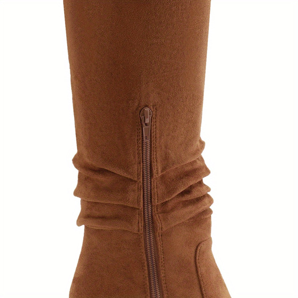 Womens Faux Suede Knee High Side Zipper Chunky Heel Stretch Winter Boots Pointed Toe Side Zipper Boots