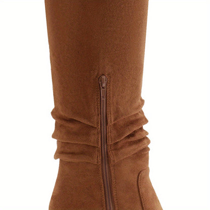 Womens Faux Suede Knee High Side Zipper Chunky Heel Stretch Winter Boots Pointed Toe Side Zipper Boots